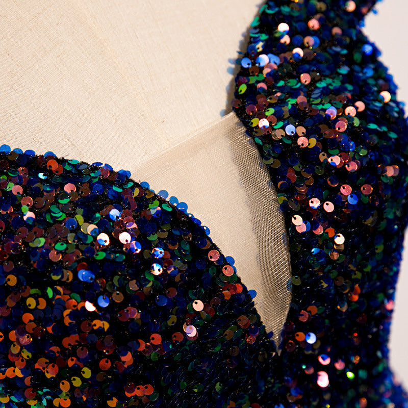 2025 supply one-word shoulder fishtail dress new heavy industry sequins temperament long host evening dress