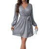 Zllk Europe and America Cross Border Women's Clothing Hot Fall Slim Fit Lantern Sleeve round Neck Belt Sequins Dress Women