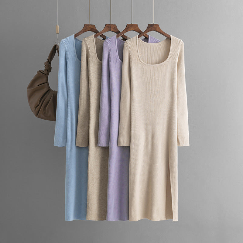 ZllKl New new autumn and winter solid color dress women's long dress slim temperament thin knitted backing sweater skirt