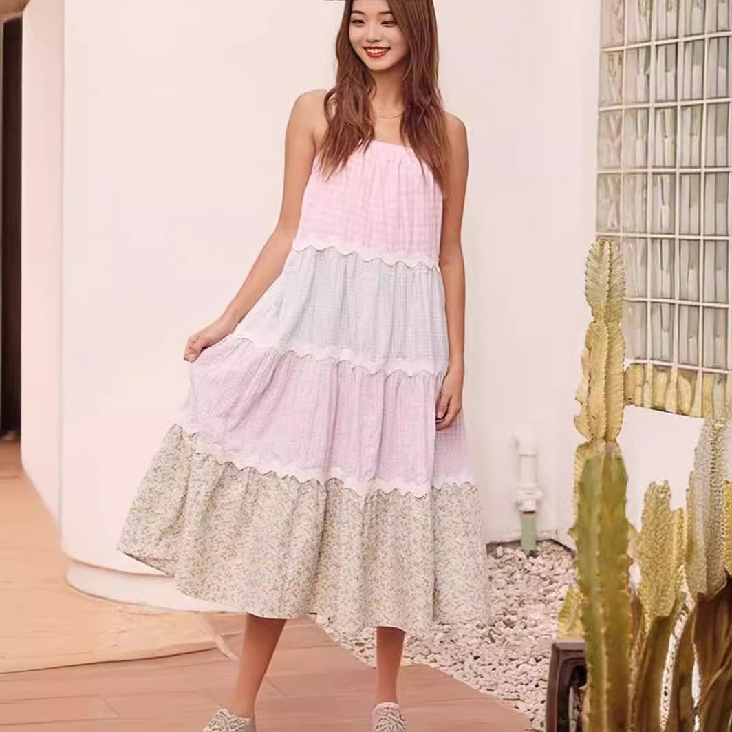 Zllk Summer New Cross-Border European and American Women's Clothing Wave Pattern Suspender Dress Multicolor Printing Cake Dress