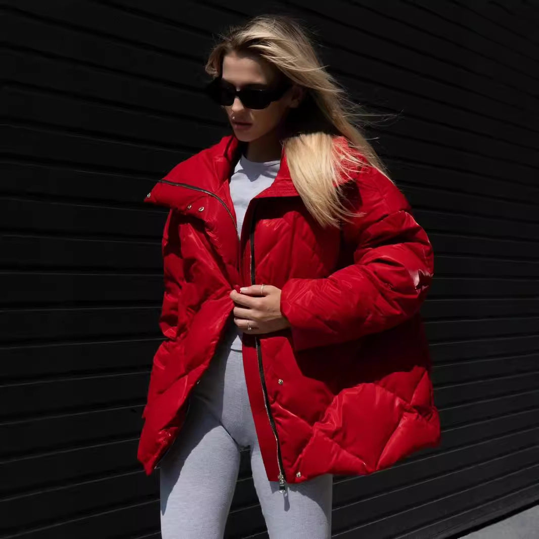Cross-border rhombus cotton clothes European and American women's clothing autumn and winter new loose coat matte glossy lapel cotton-padded casual jacket