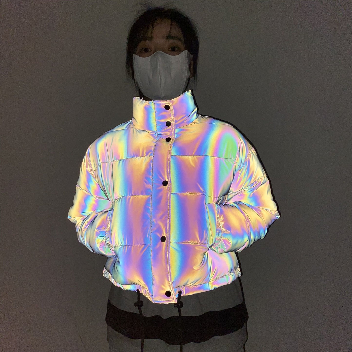 2025 winter new product short stand-up collar colorful reflective cotton-padded clothes women's European, American cross-border fashion laser cotton clothes