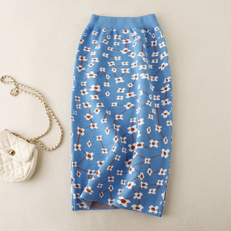 ZllKl Knitted skirt high waist hip skirt a-shaped skirt medium and long autumn clothing New new women's winter skirt floral skirt