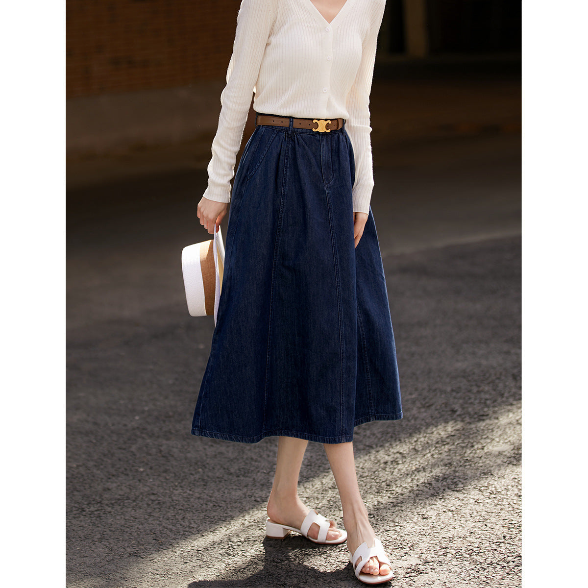 2025 Washed a word wavy medium and long umbrella skirt skirt, retro and thin high waist, pure cotton denim skirt short skirt Korean