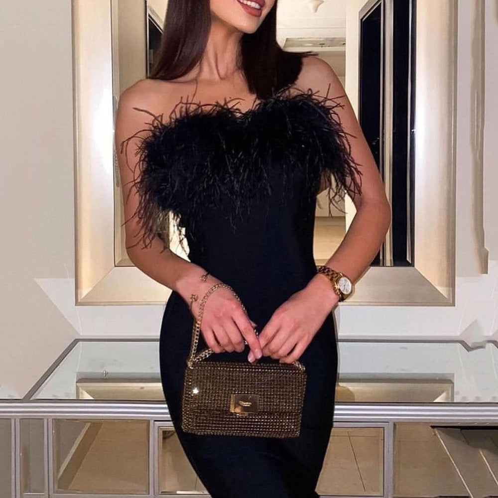 2025 New spring new women's clothing Spice Girl feather tube top dress hip temperament commuter tight dress