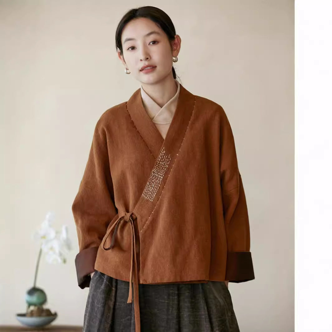 2025 Retro v-neck new Chinese loose coat, linen cotton contrasting colors and old hand-embroidered thread lace-up coat female A1036