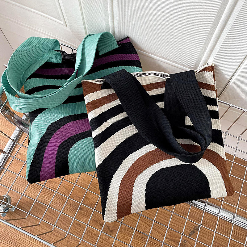 ZllKl Cross-Border Knitted Shoulder Hand Holding Tote Simple Striped Student Shopping Canvas Bag Large Capacity Women's Bag