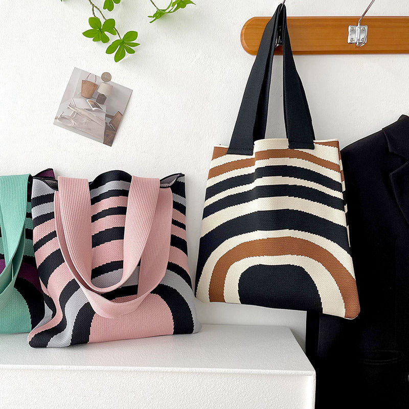 ZllKl Cross-Border Knitted Shoulder Hand Holding Tote Simple Striped Student Shopping Canvas Bag Large Capacity Women's Bag