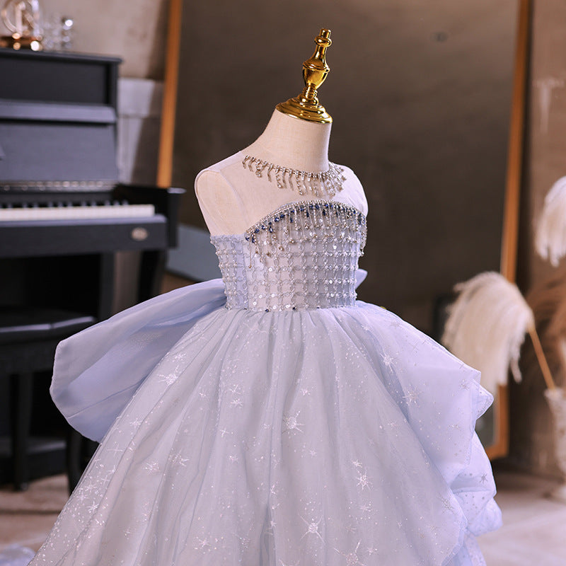 ZllKl Children's Dress New Girls Tube Top Model Catwalk Trailing Princess Dress Little Girl Costume for Piano Performance