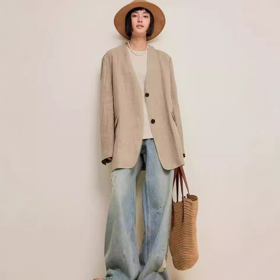 2025 spring old money style woven linen thin collarless blazer, casual commuter v-neck top B0741