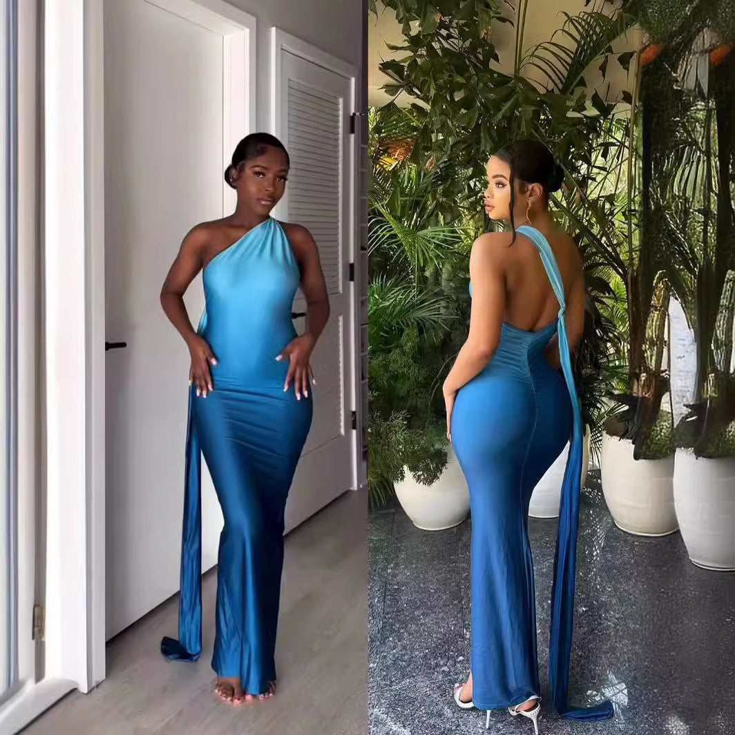 Y6028 European and American Women's Clothing 2025 Hot Summer Sleeveless Oblique Shoulder Gradient Color Sexy Slim Hip Dress Long