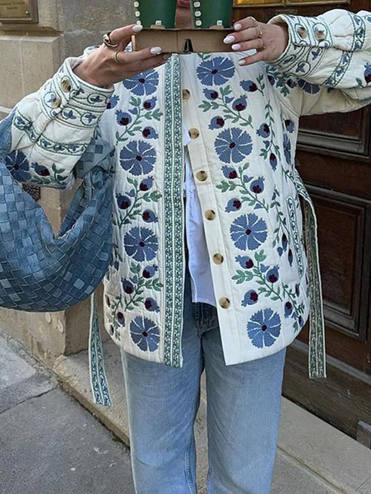 Printed lace-up waist jacket cotton jacket 2025 European and American cross-border fashion women's autumn and winter single-breasted warm jacket