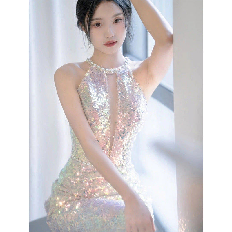 2025 Mermaid Ji sequined evening dress 2025 new neck fishtail model host annual meeting fairy temperament banquet dress skirt