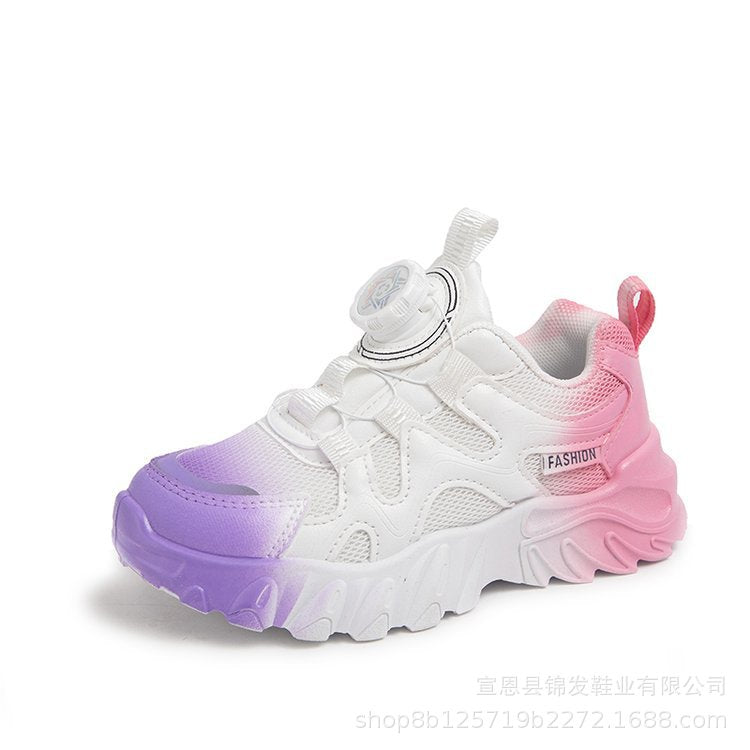ZllKl Girls' Shoes Rotating Buttoned Shoes Gradient Color Breathable Mesh Surface Dad Shoes White Shoes Medium and Big Children Children Sneaker Tide