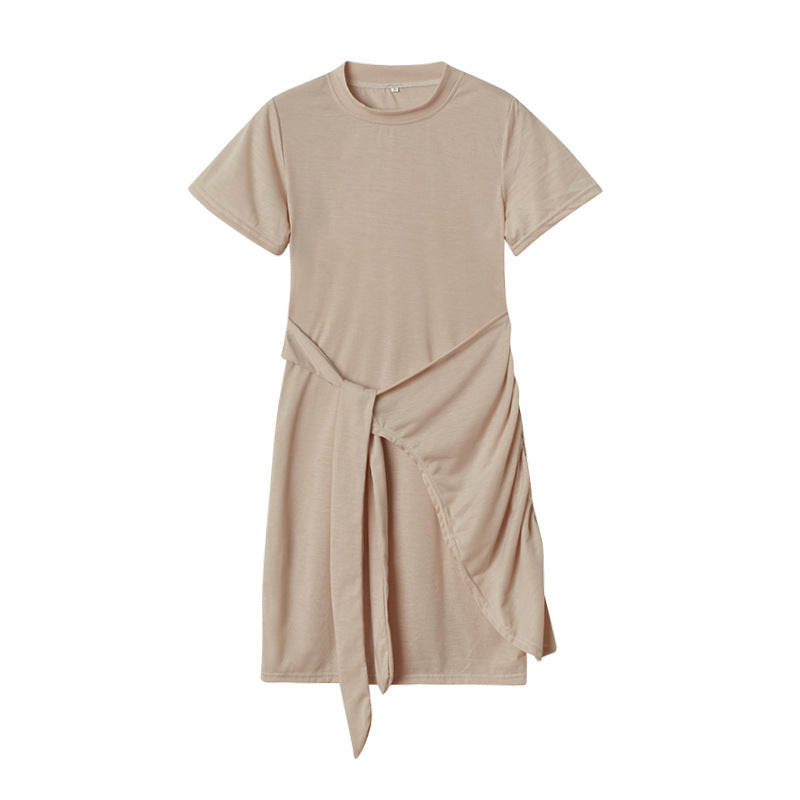 ZllKl European and American Popular Short Sleeve round Neck Pleated Bow Belt Irregular Dress
