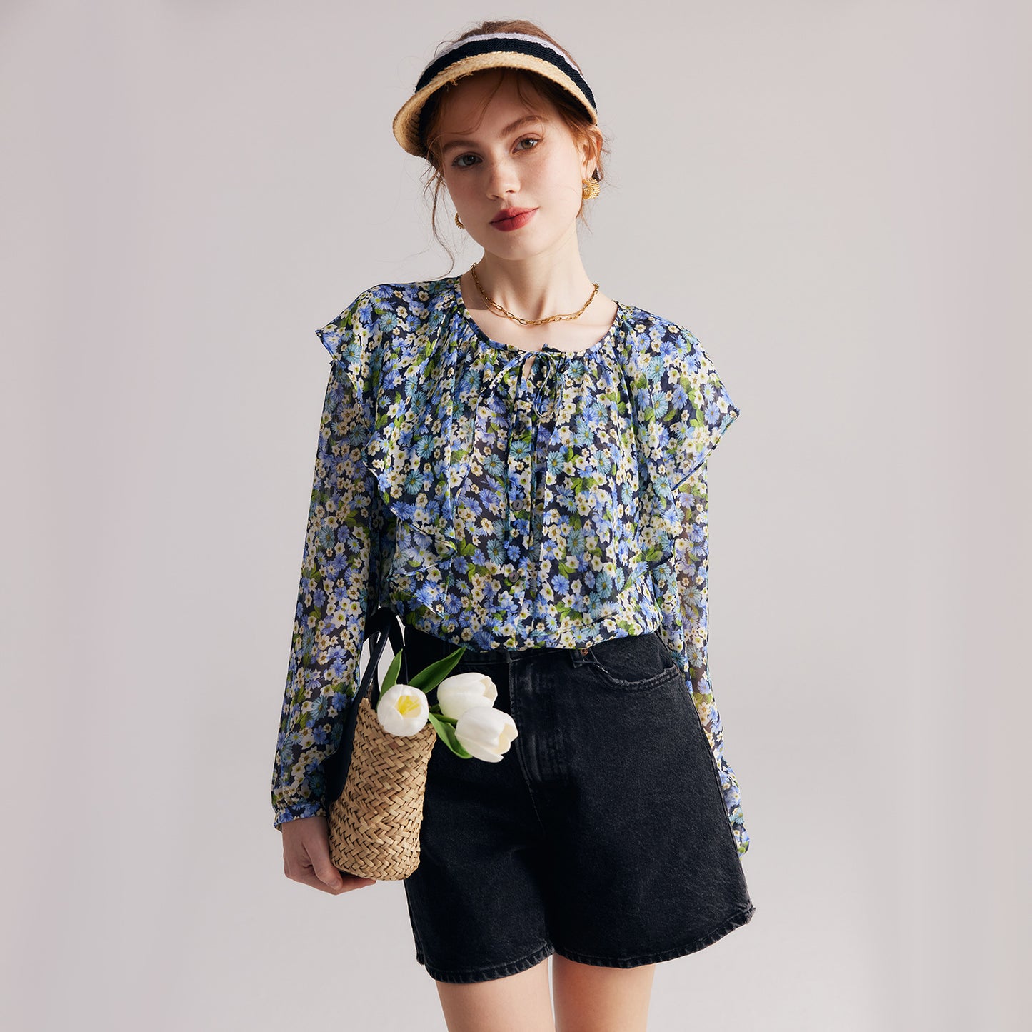 Silk shirt women's spring and summer new long-sleeved 100% mulberry silk chiffon elegant print shirt