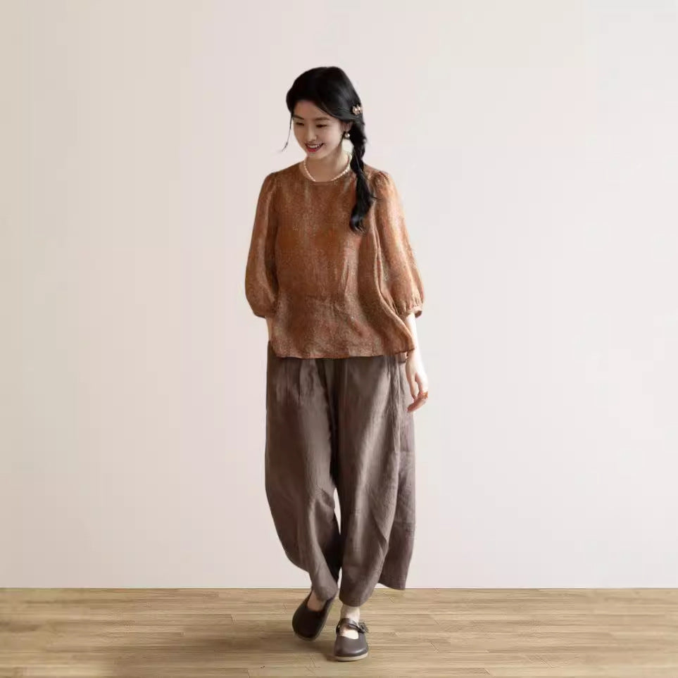 New Chinese Zen suit, bubble sleeve ramie t-shirt A0648 Chinese loose print shirt A0647