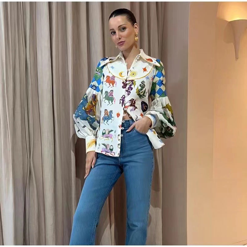 zllkl Autumn New Niche Design Single-Breasted Lapel Print Lantern Sleeve Temperament Long Sleeve Shirt for Women