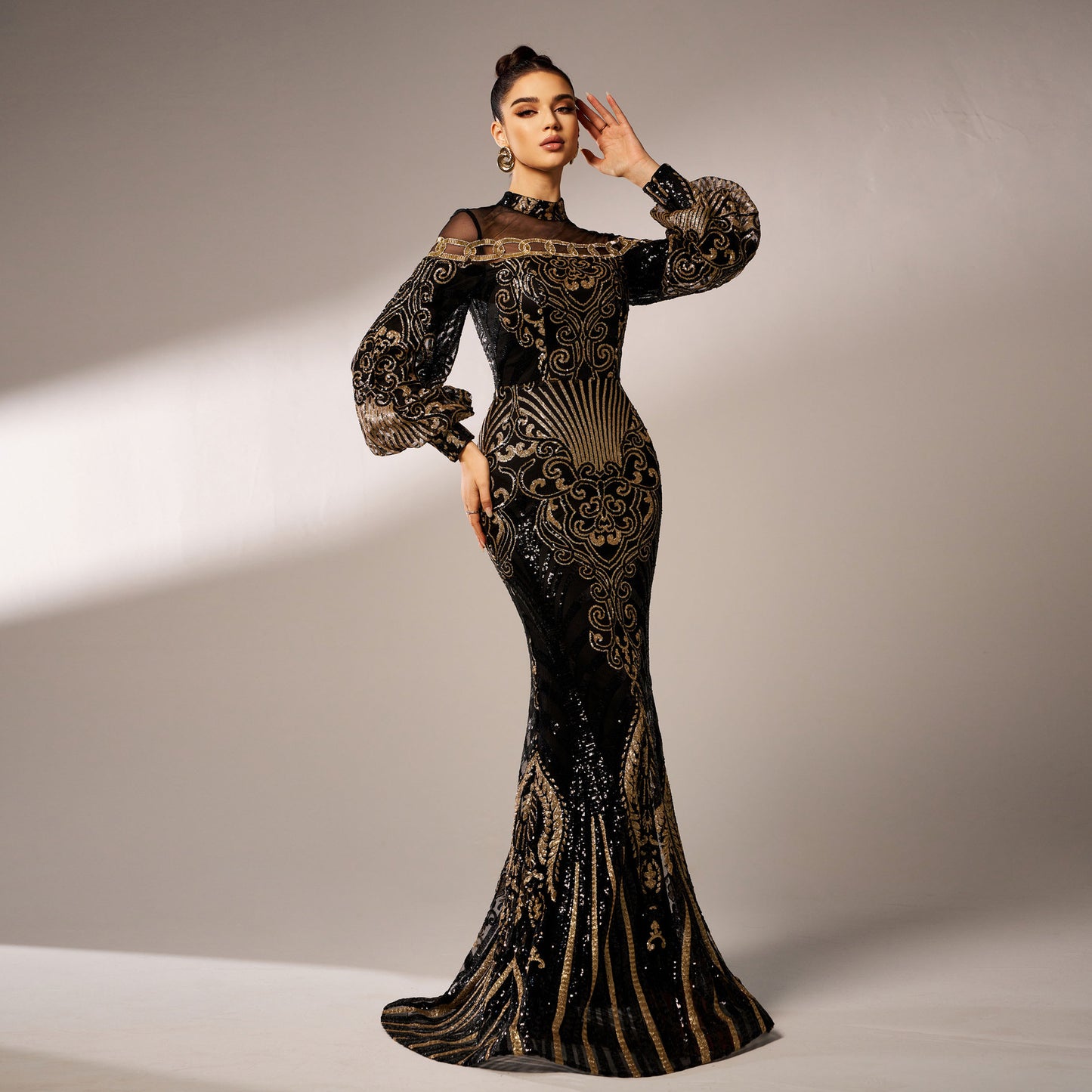 r 2025 new long-sleeved round neck long sequined banquet mesh fishtail evening dress bridesmaid dress women