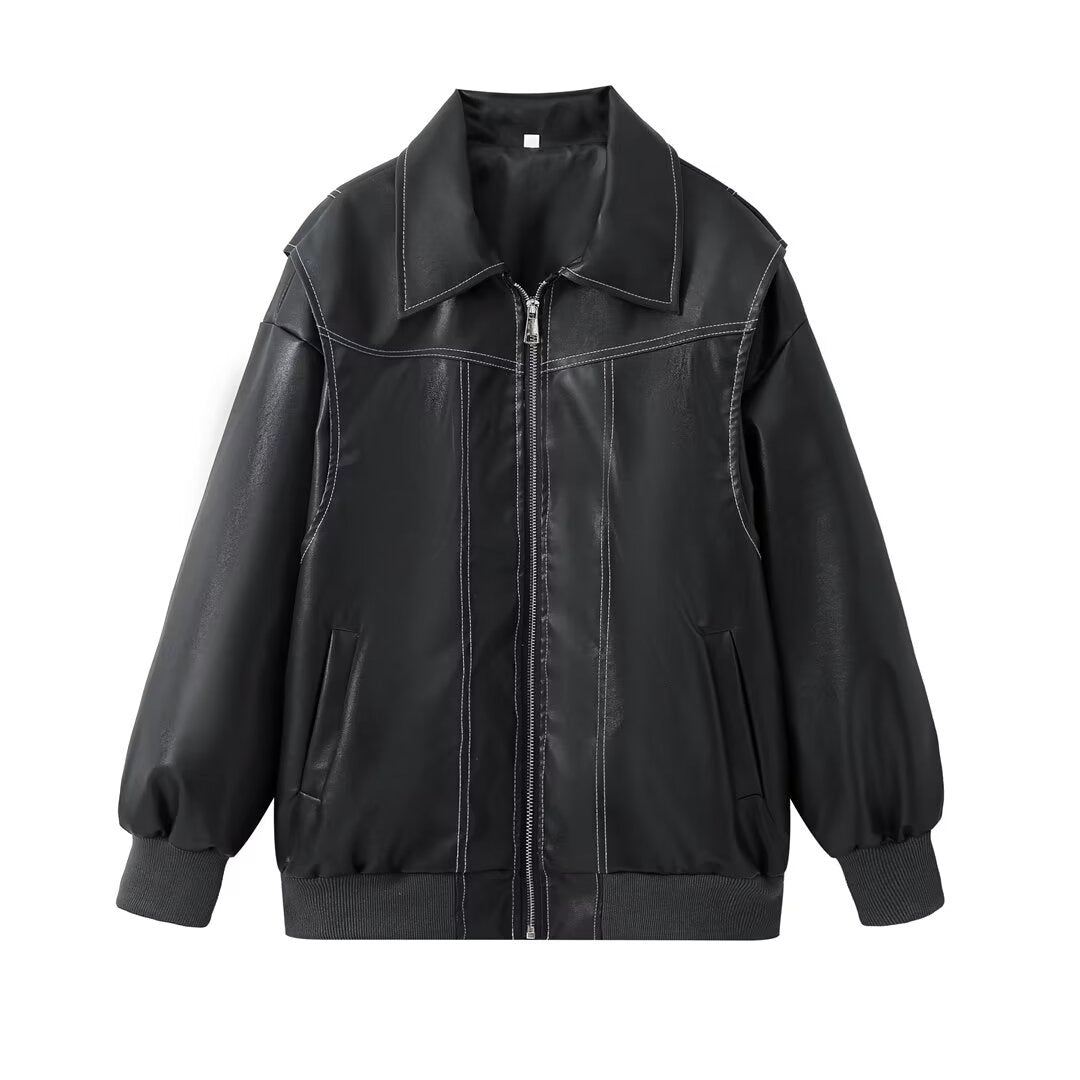 European and American cross-border women's clothing 2023 autumn and winter new PU leather couple loose American casual retro ruffian handsome locomotive leather jacket