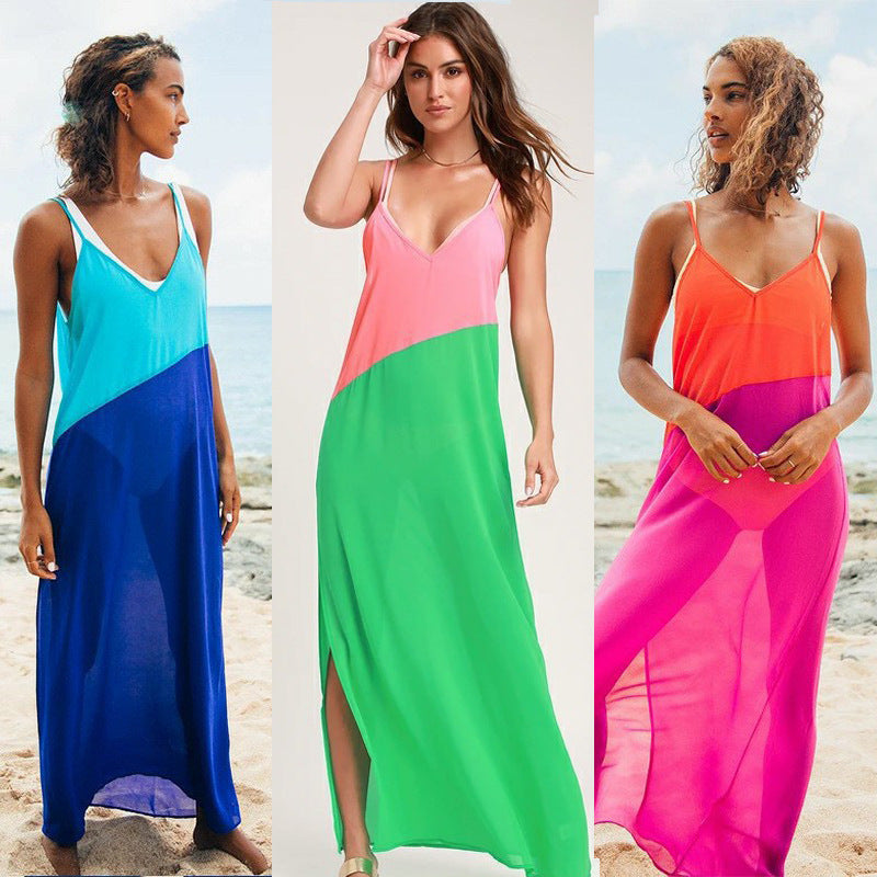 2025 Spring and summer New sexy suspender backless high split contrasting chiffon shirt casual beach dress dress