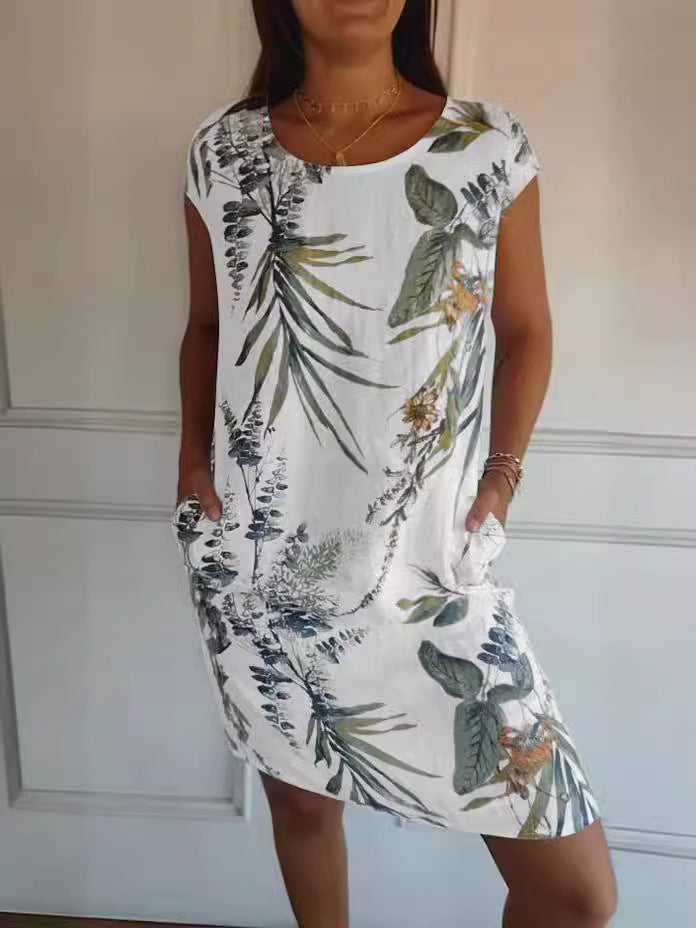 ZllKl Wish Independent Station Women's round Neck Loose Short Sleeves Printed Dress Women's Pocket Skirt