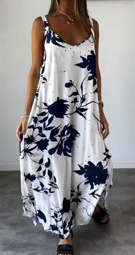 Zllk Summer Cross-Border European and American Women's Clothing New Vacation Dress Printed Strap Backless V-neck Dress