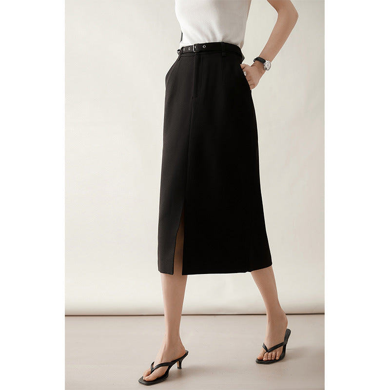 2025 Temperament lady wind~ good match, high waist split fork containing wool skirt white skirt spring and autumn women's clothing