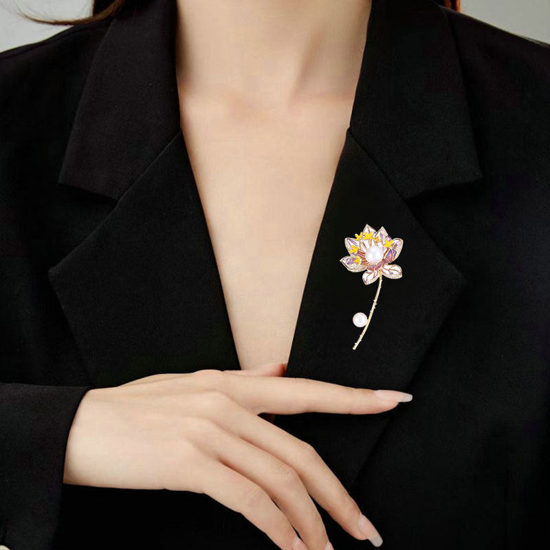 2025 New Elegant Freshwater Pearl Lotus Brooch National Style Enamel Zirconium Lotus Brooch Jacket Pin Cheongsam Accessories