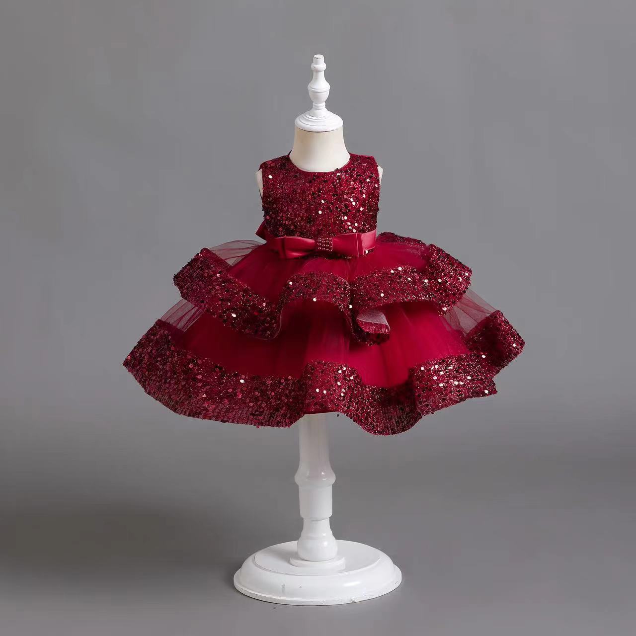 ZllKl Cross-Border New Arrival Red Children's Dress Sequined Princess Dress Baby Girl Birthday Banquet Skirt Girl Performance Wear