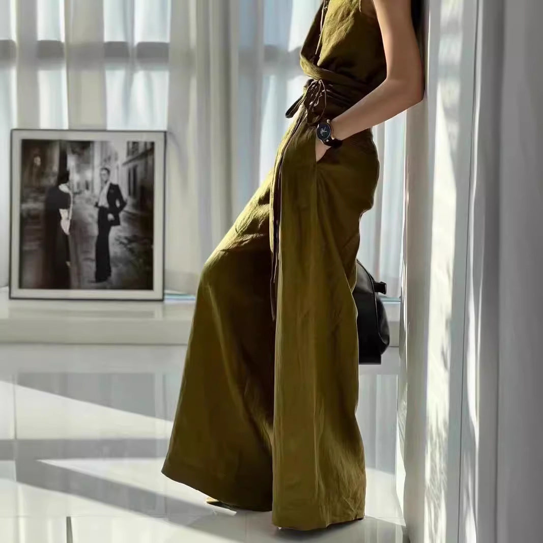 2025 New Chinese style national style buckle army green imitation linen vest wide-leg pants two-piece set design sense fashion set