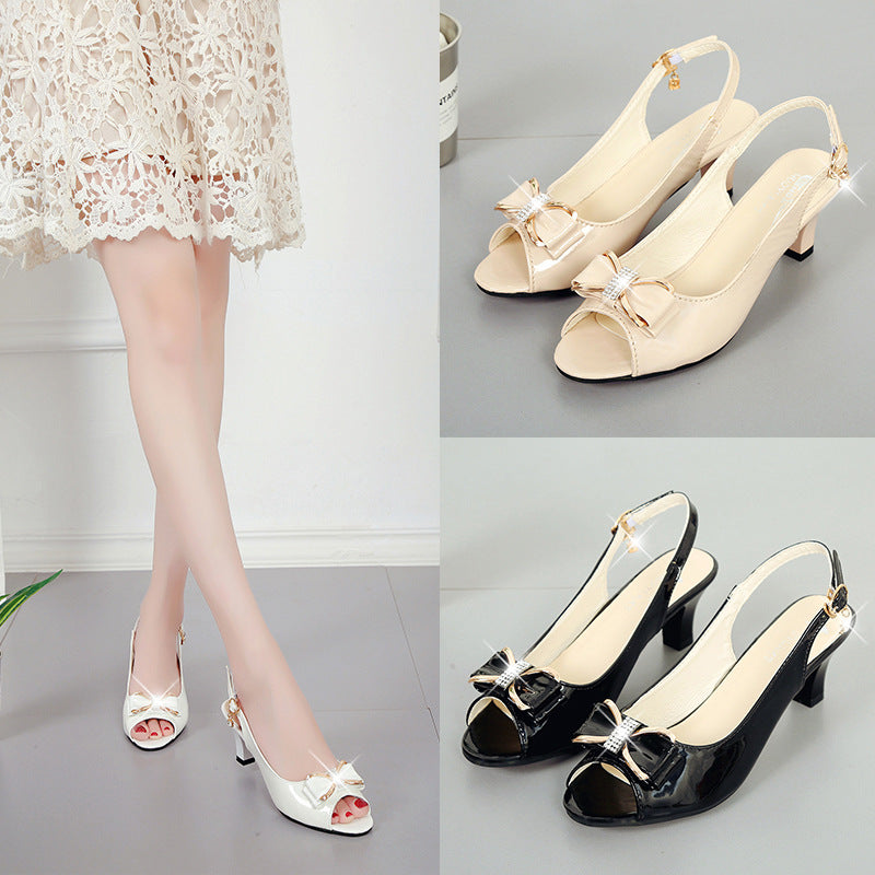 ZllKl New Peep Toe Solid Color Sandals Summer Women's Chunky Heel High Heel Shoes Korean Style Fashion Bowknot Rhinestone Mid Heel Sandals