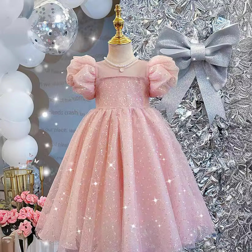 ZllKl Children's Dress New High-End Western Style Girl Bubble Sleeve Princess Dress Heavy Embroidery Sequins Birthday Performance Dress Summer