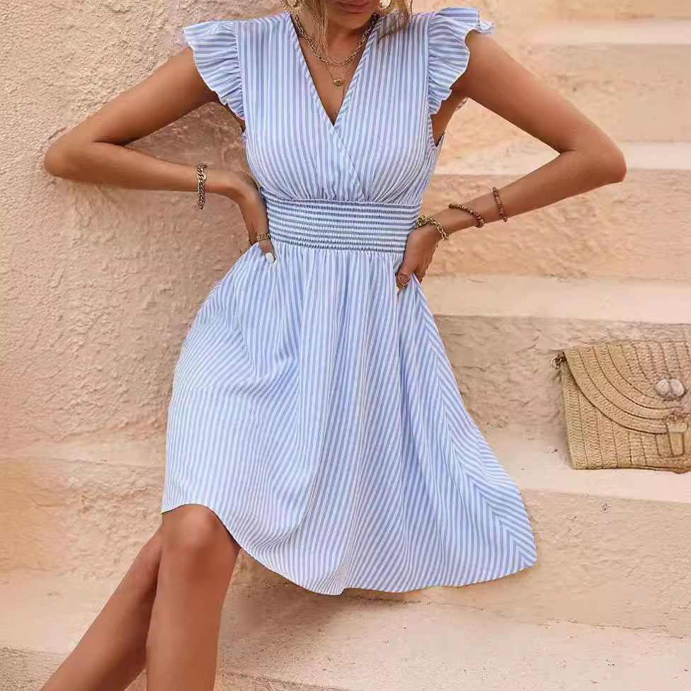 Zllk New Popular European and American Foreign Trade Women's Clothing Women's Summer Dress Striped Printing Flying Sleeves Dress