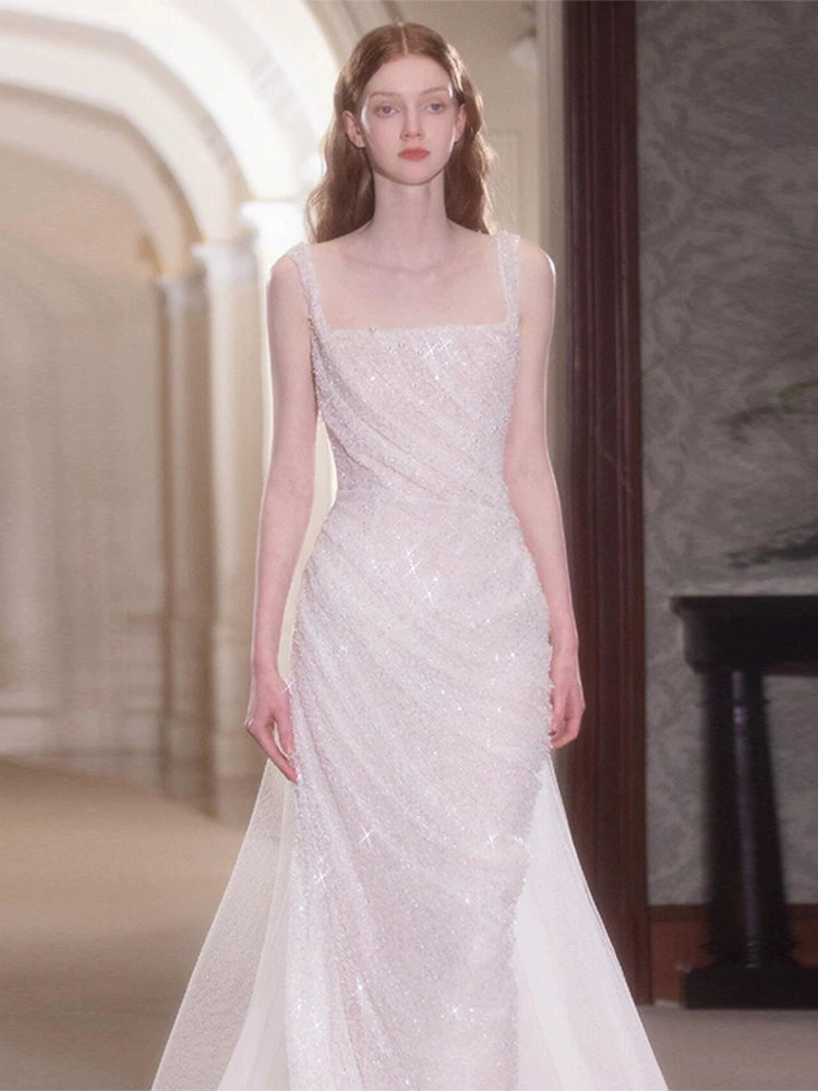 Suspender light wedding dress niche sequins high sense super fairy fishtail skirt temperament thin banquet celebrity style evening dress women