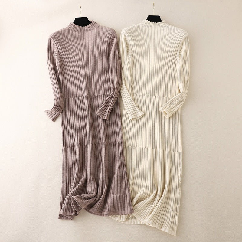 ZllKl women's clothing, knee-length dress New autumn and winter new women's semi-turtleneck striped knitted primer dress slim fit