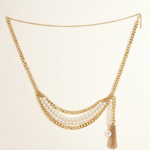 FB3410 2025 waist chain wavy tassel side pendulum chain metal chain pearl chain combination waist chain waist decoration