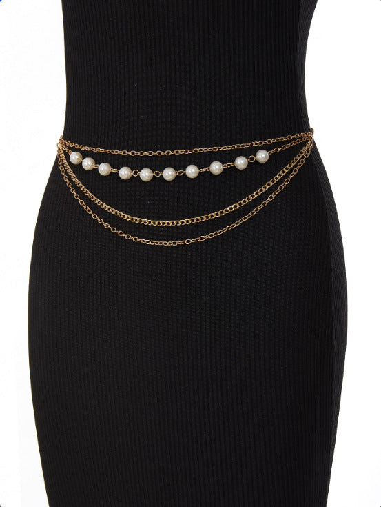 FB3337 2025 waist chain pearl chain metal chain combination multi-layer wave fringed waist chain body chain