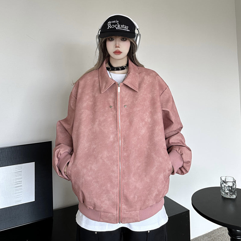 Real shot #Hong Kong style retro leather jacket women's 2023 autumn and winter new loose high street lapel baseball jacket tide
