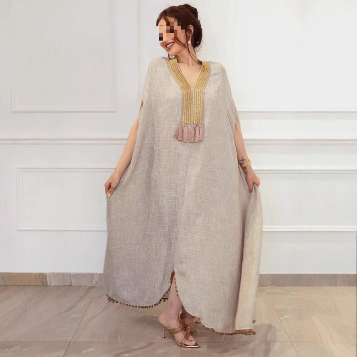 popular autumn and winter New Popular, 2025, Middle East Popular trade women's clothing independent station linen fringed traditional robe