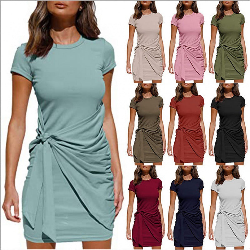 ZllKl European and American Popular Short Sleeve round Neck Pleated Bow Belt Irregular Dress