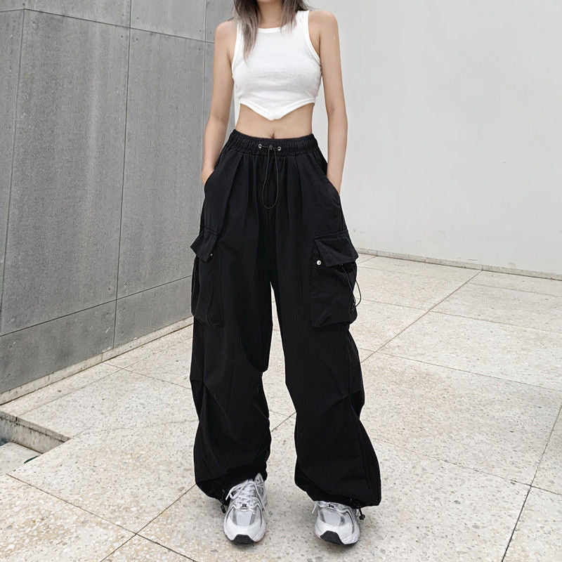ZllKl Nylon Quick-Drying Overalls Women's Summer New American Parachute Pants High Waist Wide Leg Leisure Drawstring Sports Pants