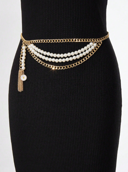 FB3410 2025 waist chain wavy tassel side pendulum chain metal chain pearl chain combination waist chain waist decoration