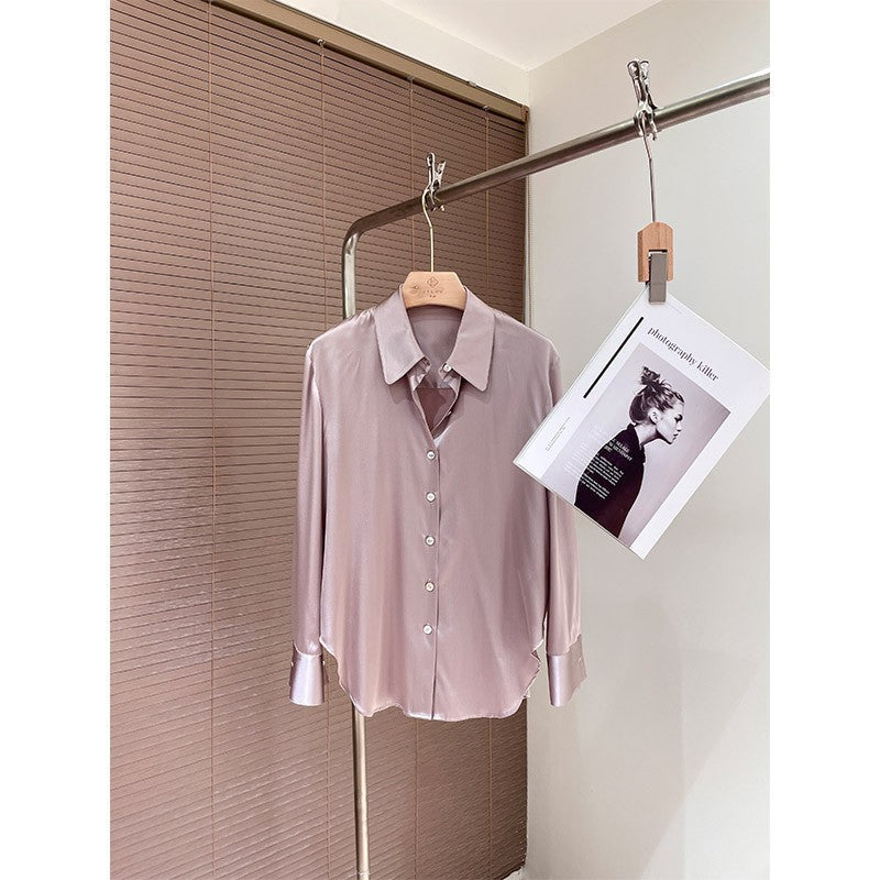 Silk shirt women's popular spring new solid color glossy pointed neck long-sleeved mulberry silk shirt