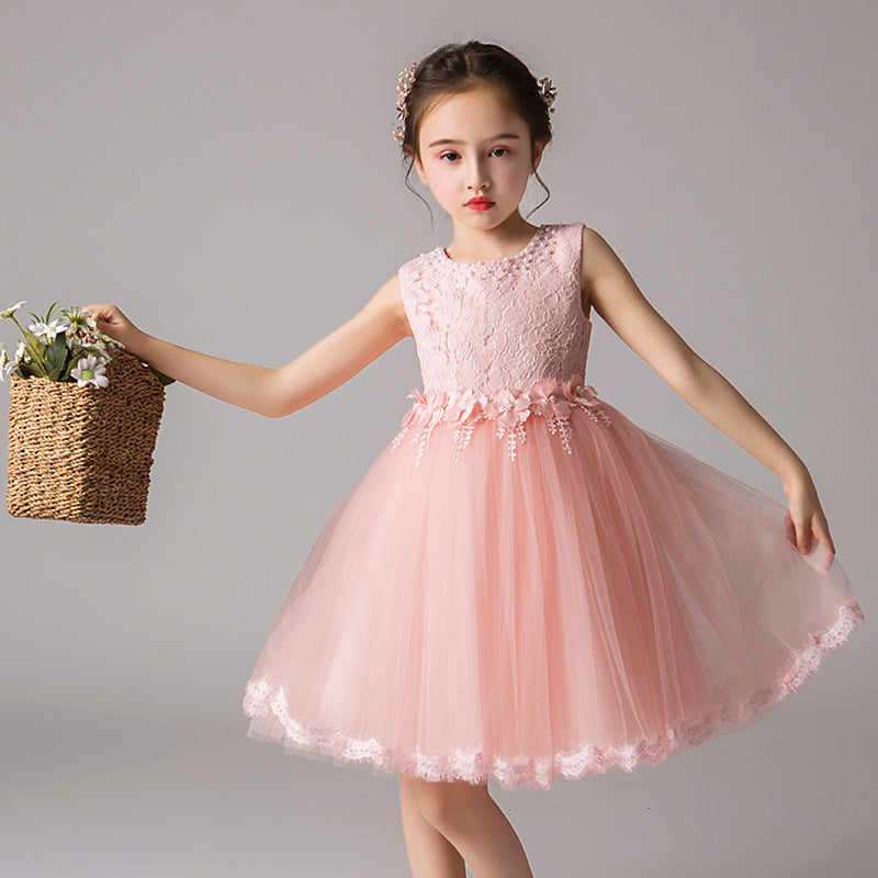 ZllKl Children's Dress Summer Hot Sale Flower Girl Puffy Gauze Princess Dress Girl Baby Host Costume for Piano Performance Skirt