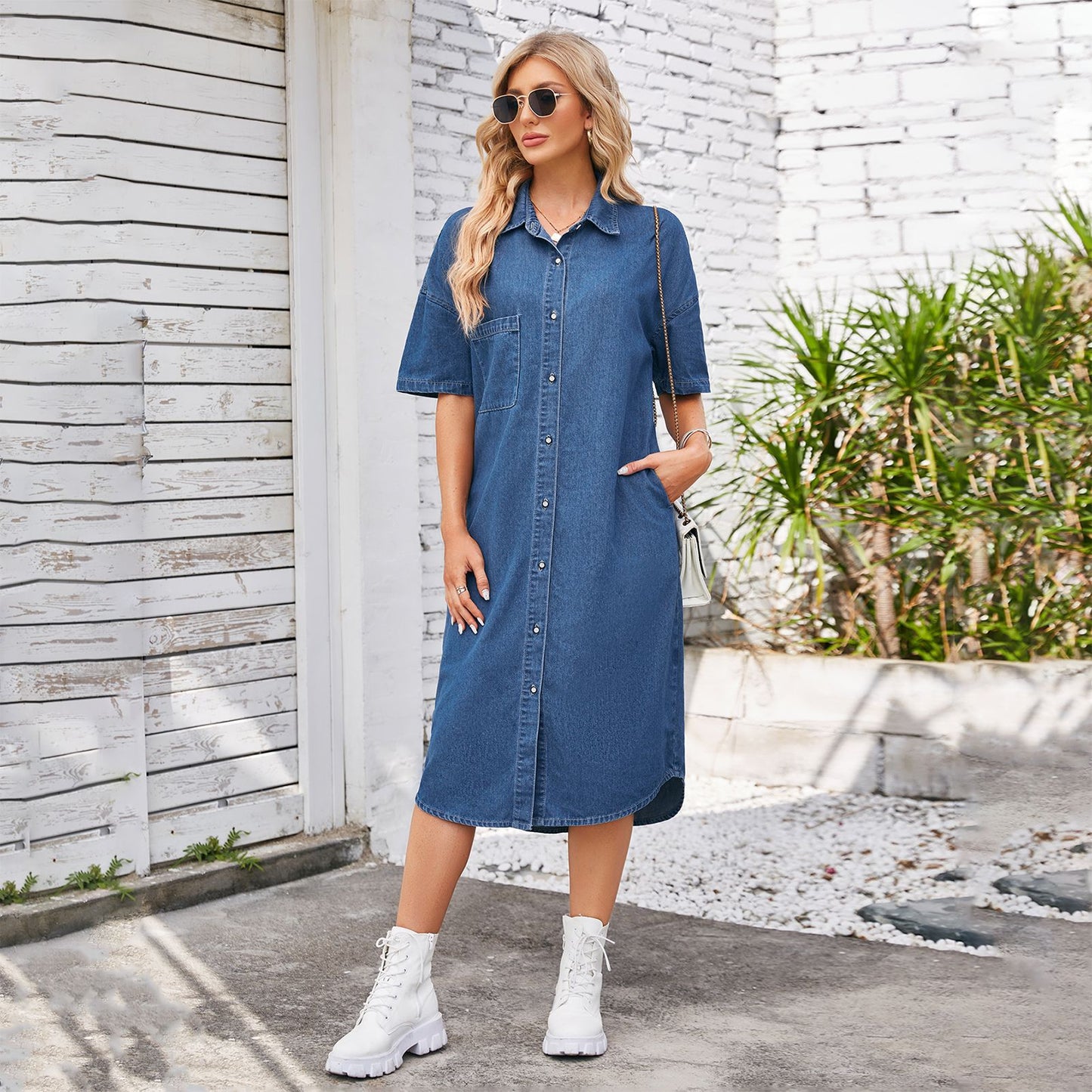 ZllKl Cross Border Women's Spring New Independent Station Washed Loose Denim Short Sleeve Long Dress Dress