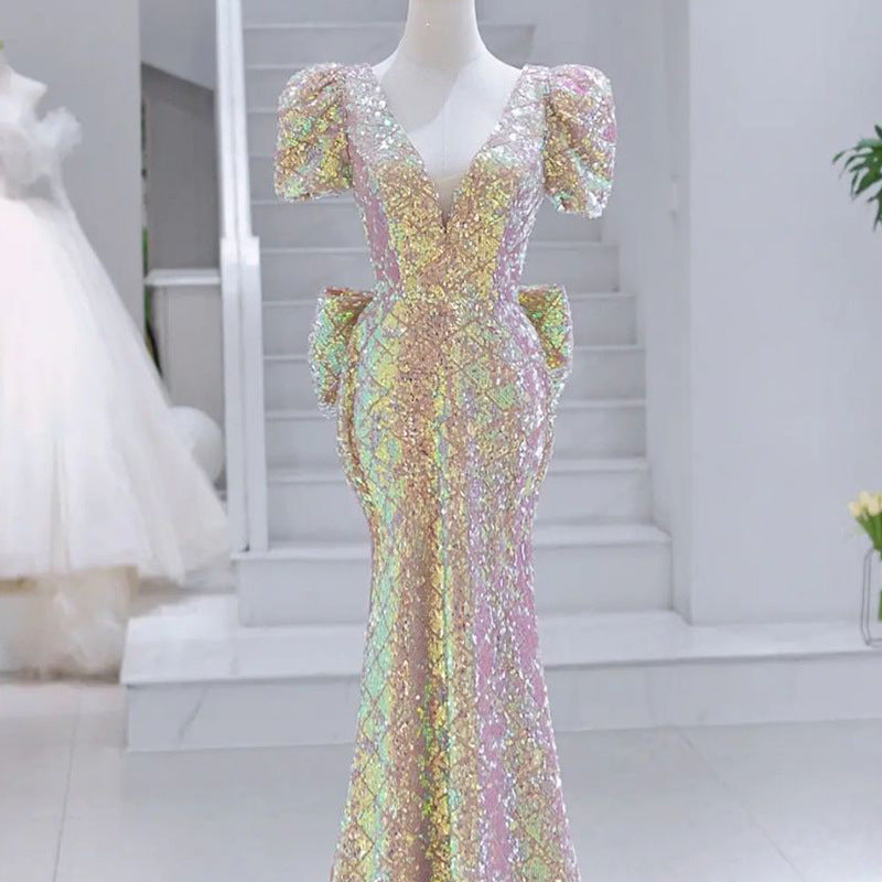 2025 Annual meeting evening dress women's 2025 new light luxury temperament sequined fishtail celebrity host long dress high sense slim fit