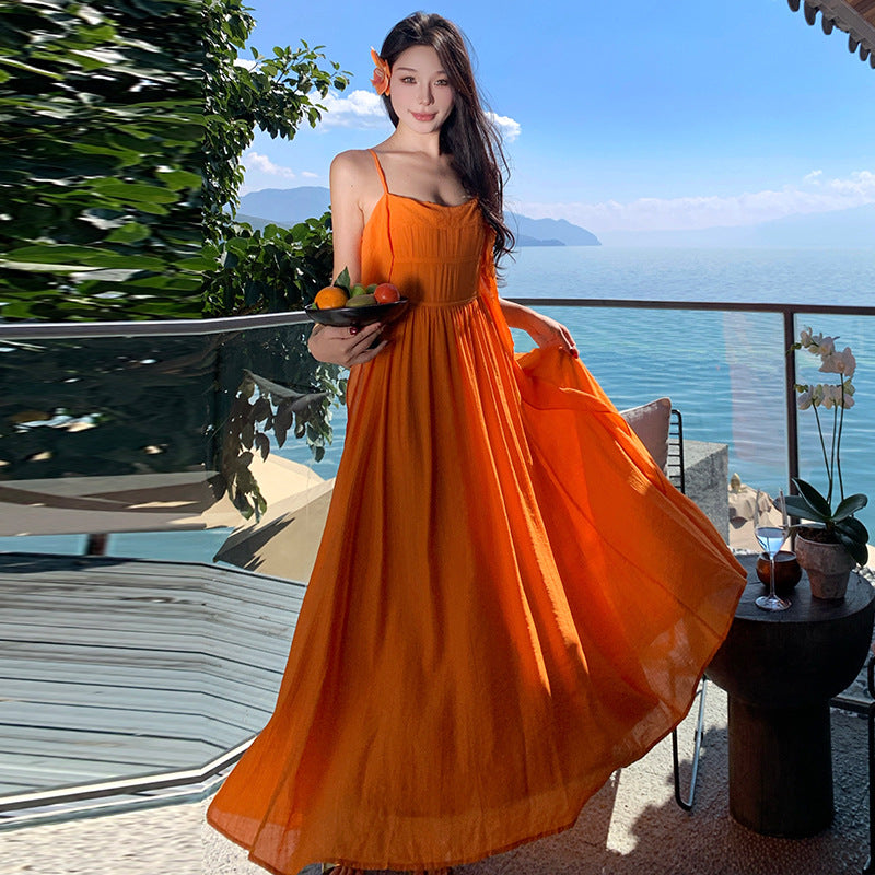2025 vacation style orange suspender A-word dress summer dopamine vacation beautiful temperament waist long skirt