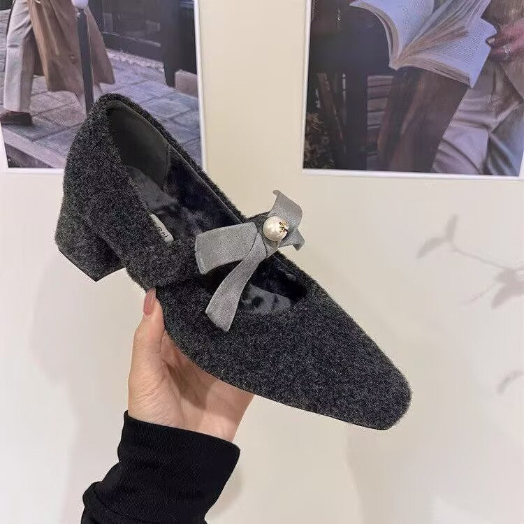 2025 thick heel gray single shoes with skirt evening shoes women's shoes popular autumn and winter plush Mary Jane fluffy shoes