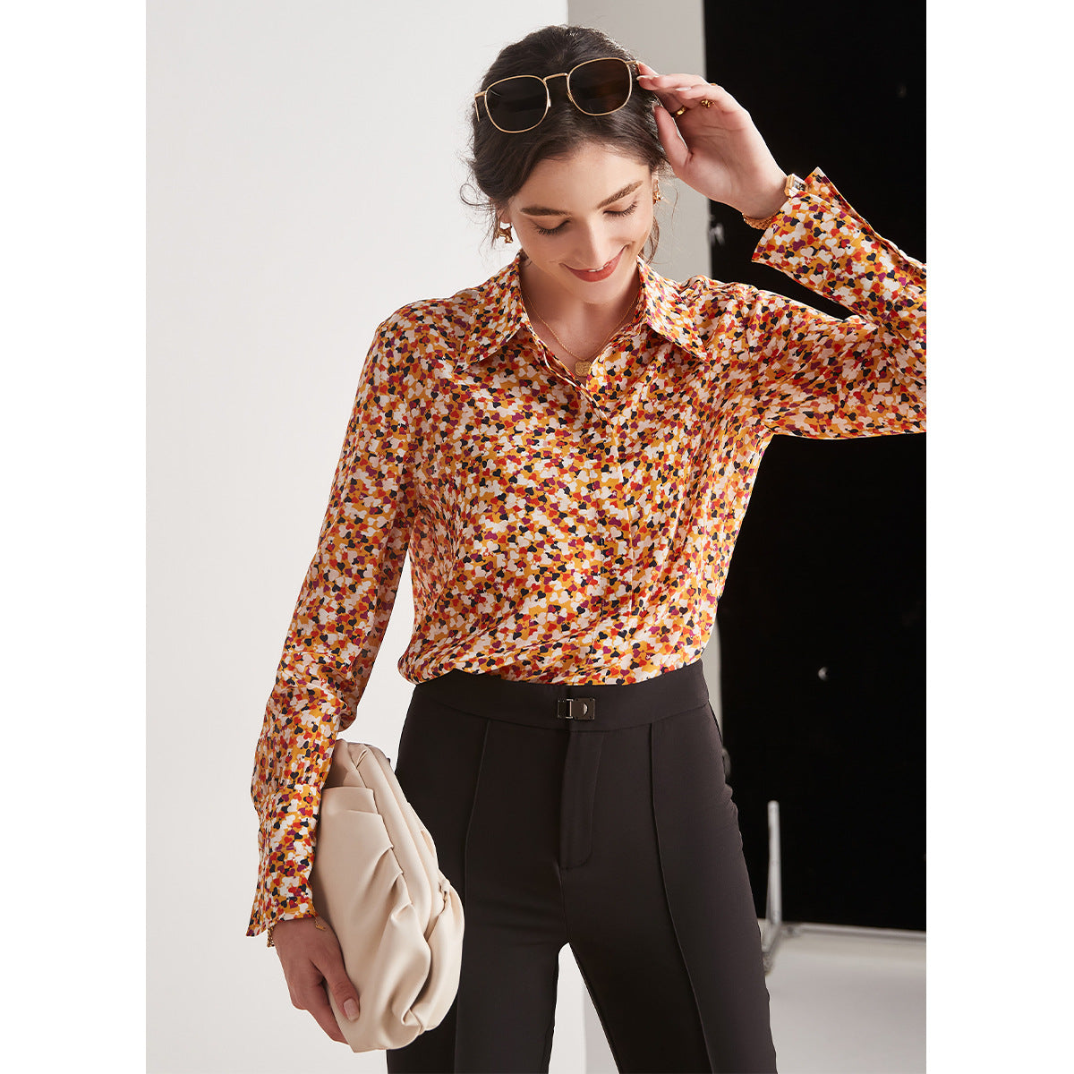 Silk shirt women's spring and summer new design top loose outer wear long-sleeved niche printed shirt